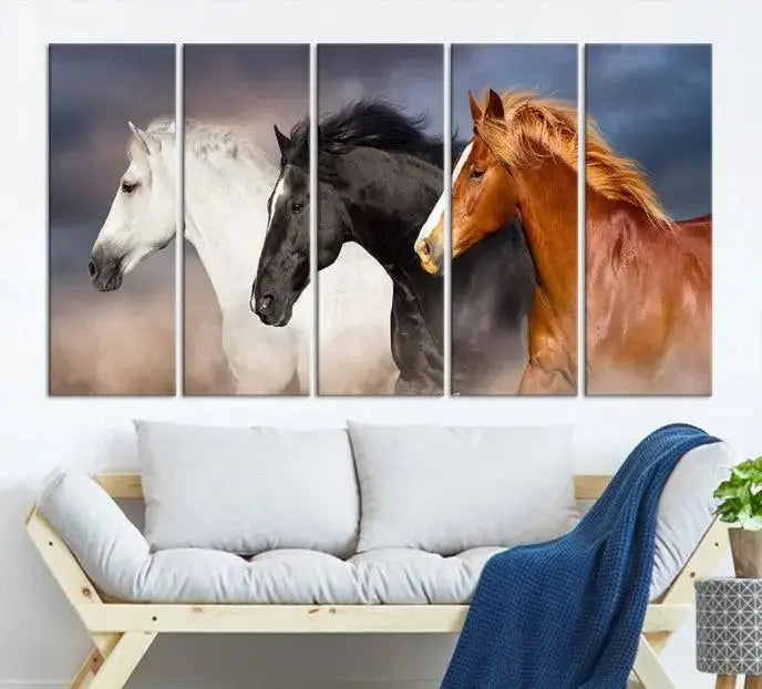 The modern living room is enhanced by the presence of the Animal Wall Art Three Horses Farmhouse Art Canvas Print, a triptych masterpiece. This gallery-wrapped piece is crafted on museum-quality canvas, ensuring a durable and fade-resistant finish with its UV-protective coating.