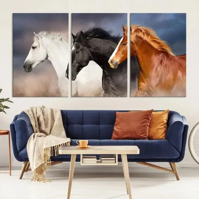 The modern living room is enhanced by the presence of the Animal Wall Art Three Horses Farmhouse Art Canvas Print, a triptych masterpiece. This gallery-wrapped piece is crafted on museum-quality canvas, ensuring a durable and fade-resistant finish with its UV-protective coating.