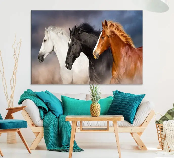 The modern living room is enhanced by the presence of the Animal Wall Art Three Horses Farmhouse Art Canvas Print, a triptych masterpiece. This gallery-wrapped piece is crafted on museum-quality canvas, ensuring a durable and fade-resistant finish with its UV-protective coating.