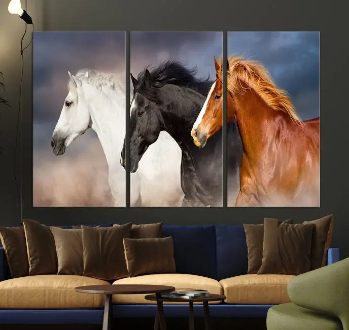 The modern living room is enhanced by the presence of the Animal Wall Art Three Horses Farmhouse Art Canvas Print, a triptych masterpiece. This gallery-wrapped piece is crafted on museum-quality canvas, ensuring a durable and fade-resistant finish with its UV-protective coating.