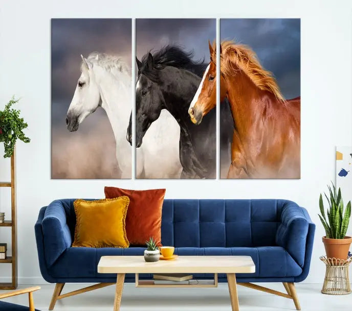 The modern living room is enhanced by the presence of the Animal Wall Art Three Horses Farmhouse Art Canvas Print, a triptych masterpiece. This gallery-wrapped piece is crafted on museum-quality canvas, ensuring a durable and fade-resistant finish with its UV-protective coating.