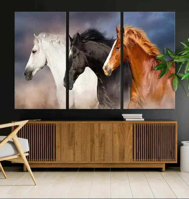 The modern living room is enhanced by the presence of the Animal Wall Art Three Horses Farmhouse Art Canvas Print, a triptych masterpiece. This gallery-wrapped piece is crafted on museum-quality canvas, ensuring a durable and fade-resistant finish with its UV-protective coating.