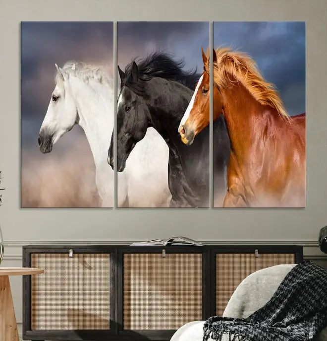 The modern living room is enhanced by the presence of the Animal Wall Art Three Horses Farmhouse Art Canvas Print, a triptych masterpiece. This gallery-wrapped piece is crafted on museum-quality canvas, ensuring a durable and fade-resistant finish with its UV-protective coating.