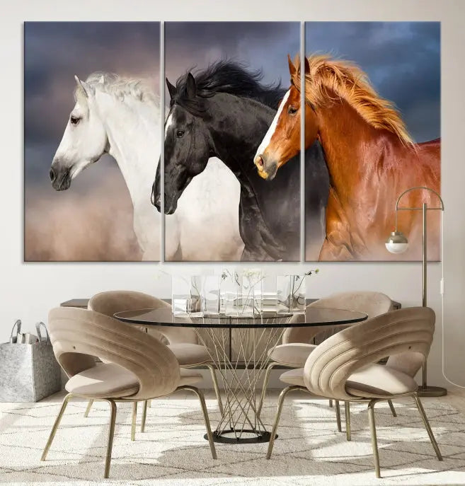 The modern living room is enhanced by the presence of the Animal Wall Art Three Horses Farmhouse Art Canvas Print, a triptych masterpiece. This gallery-wrapped piece is crafted on museum-quality canvas, ensuring a durable and fade-resistant finish with its UV-protective coating.