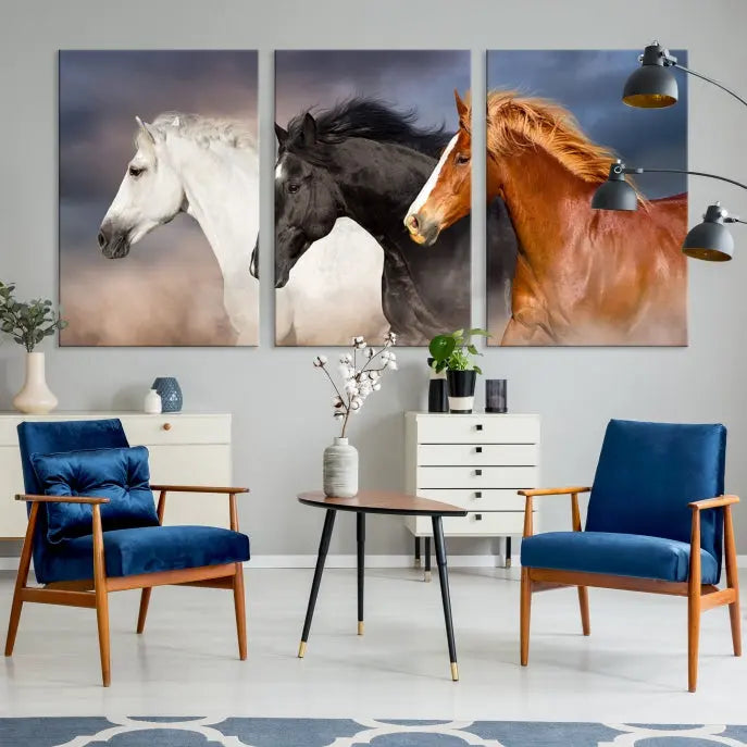 The modern living room is enhanced by the presence of the Animal Wall Art Three Horses Farmhouse Art Canvas Print, a triptych masterpiece. This gallery-wrapped piece is crafted on museum-quality canvas, ensuring a durable and fade-resistant finish with its UV-protective coating.