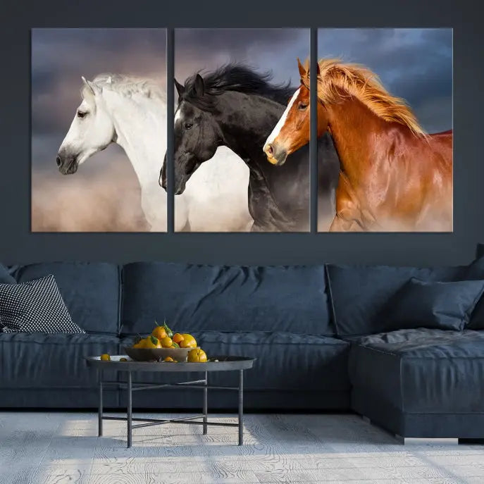 The modern living room is enhanced by the presence of the Animal Wall Art Three Horses Farmhouse Art Canvas Print, a triptych masterpiece. This gallery-wrapped piece is crafted on museum-quality canvas, ensuring a durable and fade-resistant finish with its UV-protective coating.