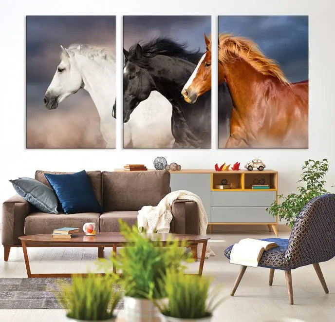 The modern living room is enhanced by the presence of the Animal Wall Art Three Horses Farmhouse Art Canvas Print, a triptych masterpiece. This gallery-wrapped piece is crafted on museum-quality canvas, ensuring a durable and fade-resistant finish with its UV-protective coating.