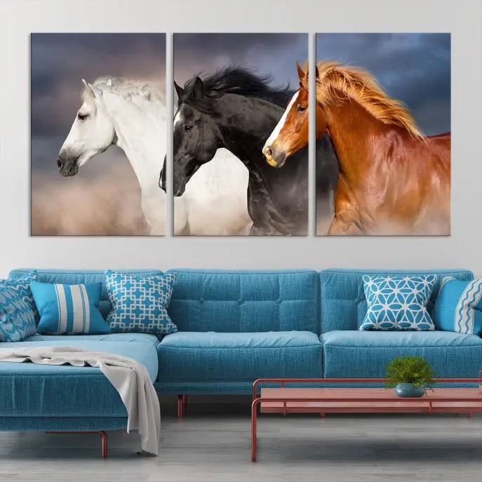 The modern living room is enhanced by the presence of the Animal Wall Art Three Horses Farmhouse Art Canvas Print, a triptych masterpiece. This gallery-wrapped piece is crafted on museum-quality canvas, ensuring a durable and fade-resistant finish with its UV-protective coating.