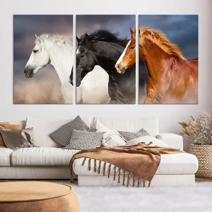 The modern living room is enhanced by the presence of the Animal Wall Art Three Horses Farmhouse Art Canvas Print, a triptych masterpiece. This gallery-wrapped piece is crafted on museum-quality canvas, ensuring a durable and fade-resistant finish with its UV-protective coating.