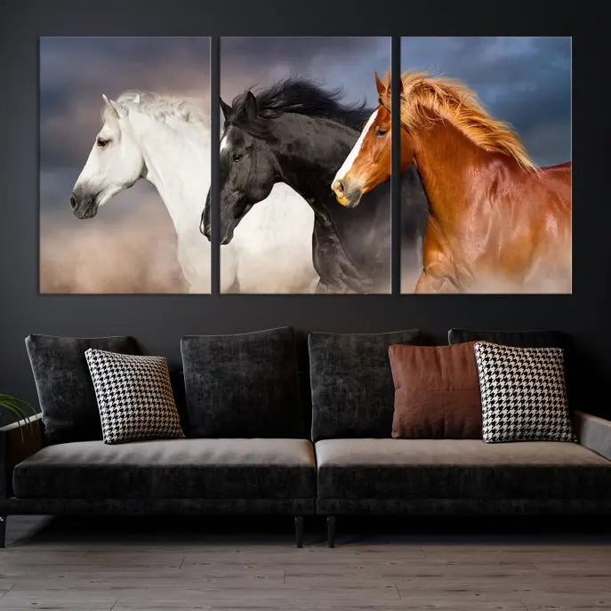 The modern living room is enhanced by the presence of the Animal Wall Art Three Horses Farmhouse Art Canvas Print, a triptych masterpiece. This gallery-wrapped piece is crafted on museum-quality canvas, ensuring a durable and fade-resistant finish with its UV-protective coating.