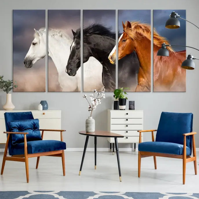 The modern living room is enhanced by the presence of the Animal Wall Art Three Horses Farmhouse Art Canvas Print, a triptych masterpiece. This gallery-wrapped piece is crafted on museum-quality canvas, ensuring a durable and fade-resistant finish with its UV-protective coating.