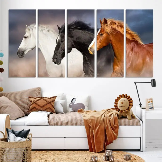 The modern living room is enhanced by the presence of the Animal Wall Art Three Horses Farmhouse Art Canvas Print, a triptych masterpiece. This gallery-wrapped piece is crafted on museum-quality canvas, ensuring a durable and fade-resistant finish with its UV-protective coating.