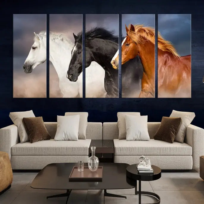 The modern living room is enhanced by the presence of the Animal Wall Art Three Horses Farmhouse Art Canvas Print, a triptych masterpiece. This gallery-wrapped piece is crafted on museum-quality canvas, ensuring a durable and fade-resistant finish with its UV-protective coating.