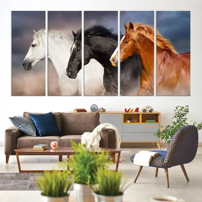 The modern living room is enhanced by the presence of the Animal Wall Art Three Horses Farmhouse Art Canvas Print, a triptych masterpiece. This gallery-wrapped piece is crafted on museum-quality canvas, ensuring a durable and fade-resistant finish with its UV-protective coating.