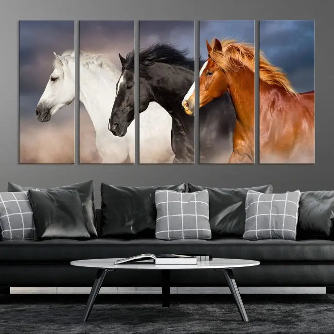 The modern living room is enhanced by the presence of the Animal Wall Art Three Horses Farmhouse Art Canvas Print, a triptych masterpiece. This gallery-wrapped piece is crafted on museum-quality canvas, ensuring a durable and fade-resistant finish with its UV-protective coating.