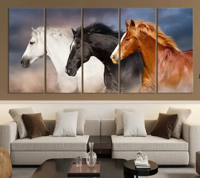 The modern living room is enhanced by the presence of the Animal Wall Art Three Horses Farmhouse Art Canvas Print, a triptych masterpiece. This gallery-wrapped piece is crafted on museum-quality canvas, ensuring a durable and fade-resistant finish with its UV-protective coating.