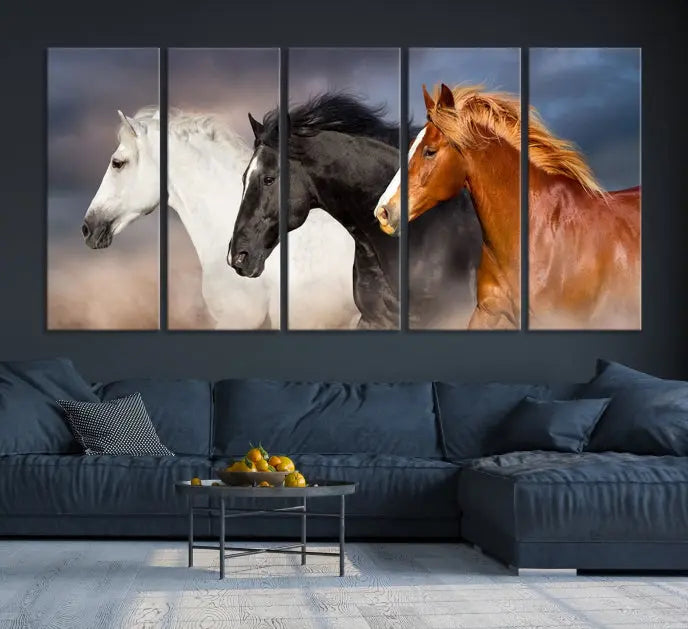 The modern living room is enhanced by the presence of the Animal Wall Art Three Horses Farmhouse Art Canvas Print, a triptych masterpiece. This gallery-wrapped piece is crafted on museum-quality canvas, ensuring a durable and fade-resistant finish with its UV-protective coating.