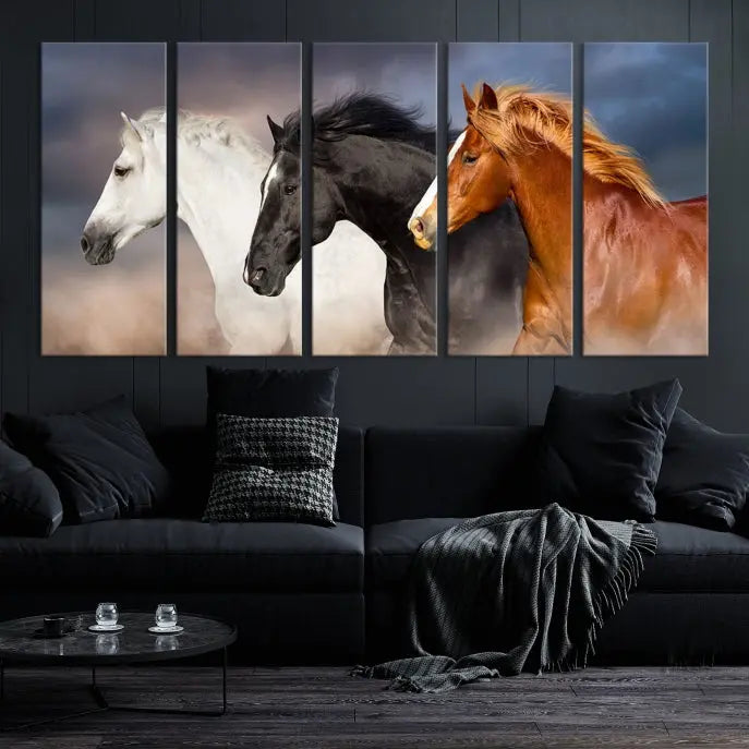 The modern living room is enhanced by the presence of the Animal Wall Art Three Horses Farmhouse Art Canvas Print, a triptych masterpiece. This gallery-wrapped piece is crafted on museum-quality canvas, ensuring a durable and fade-resistant finish with its UV-protective coating.