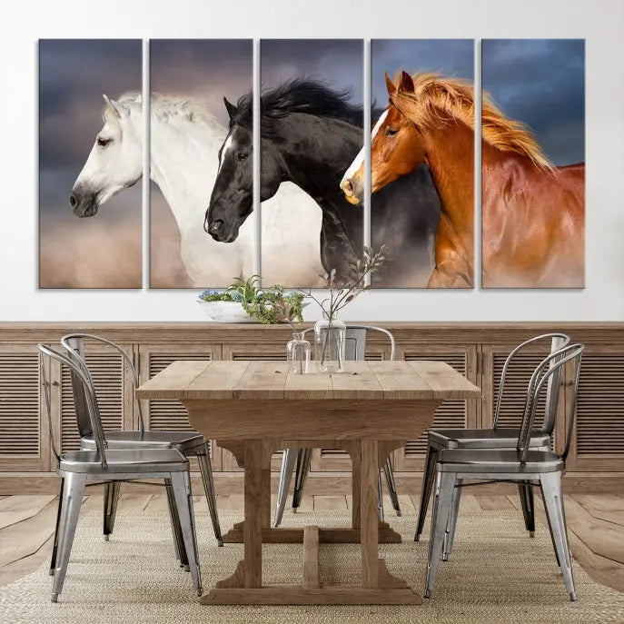 The modern living room is enhanced by the presence of the Animal Wall Art Three Horses Farmhouse Art Canvas Print, a triptych masterpiece. This gallery-wrapped piece is crafted on museum-quality canvas, ensuring a durable and fade-resistant finish with its UV-protective coating.