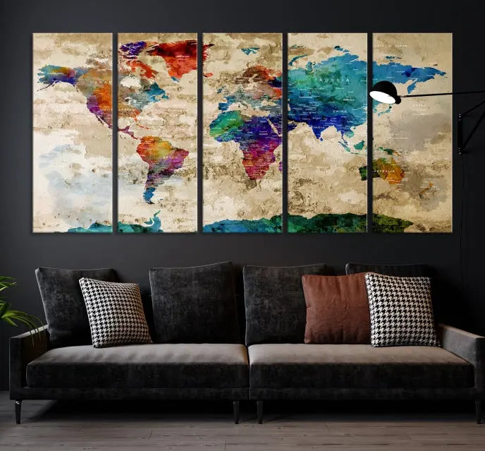 The contemporary living room showcases the "Watercolor Wall Art Push Pin World Map w/ Antarctica Canvas Print" on the wall. This museum-quality canvas is equipped with a UV-protective coating, guaranteeing vibrant colors endure for years, and it's ready to hang for an immediate style enhancement.