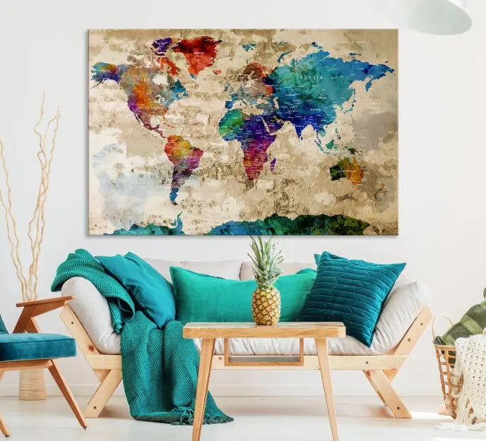 The contemporary living room showcases the "Watercolor Wall Art Push Pin World Map w/ Antarctica Canvas Print" on the wall. This museum-quality canvas is equipped with a UV-protective coating, guaranteeing vibrant colors endure for years, and it's ready to hang for an immediate style enhancement.