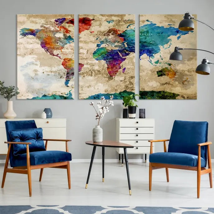 The contemporary living room showcases the "Watercolor Wall Art Push Pin World Map w/ Antarctica Canvas Print" on the wall. This museum-quality canvas is equipped with a UV-protective coating, guaranteeing vibrant colors endure for years, and it's ready to hang for an immediate style enhancement.