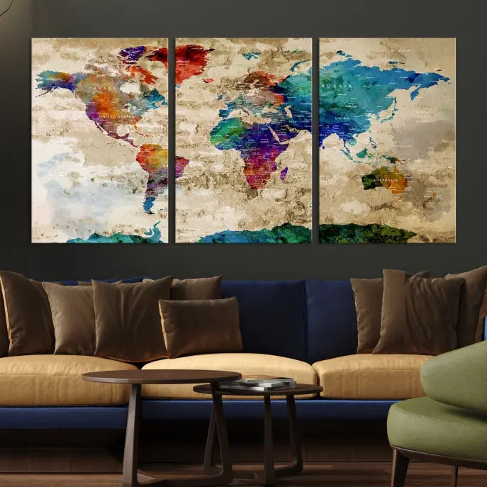 The contemporary living room showcases the "Watercolor Wall Art Push Pin World Map w/ Antarctica Canvas Print" on the wall. This museum-quality canvas is equipped with a UV-protective coating, guaranteeing vibrant colors endure for years, and it's ready to hang for an immediate style enhancement.