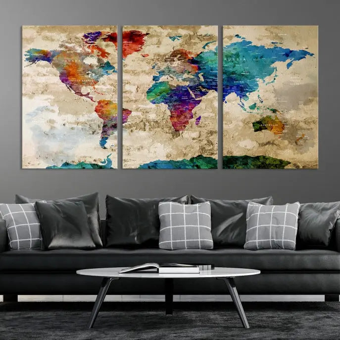 The contemporary living room showcases the "Watercolor Wall Art Push Pin World Map w/ Antarctica Canvas Print" on the wall. This museum-quality canvas is equipped with a UV-protective coating, guaranteeing vibrant colors endure for years, and it's ready to hang for an immediate style enhancement.