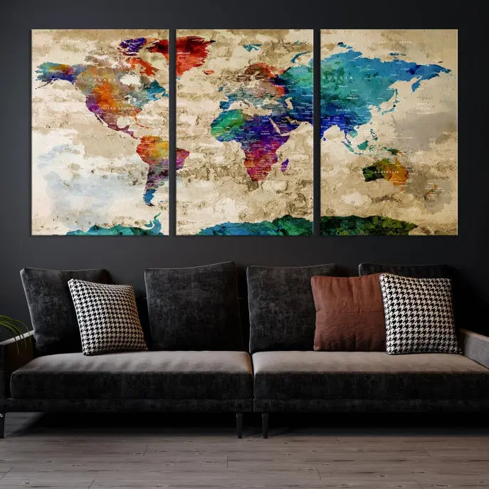 The contemporary living room showcases the "Watercolor Wall Art Push Pin World Map w/ Antarctica Canvas Print" on the wall. This museum-quality canvas is equipped with a UV-protective coating, guaranteeing vibrant colors endure for years, and it's ready to hang for an immediate style enhancement.