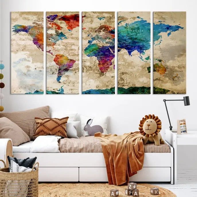 The contemporary living room showcases the "Watercolor Wall Art Push Pin World Map w/ Antarctica Canvas Print" on the wall. This museum-quality canvas is equipped with a UV-protective coating, guaranteeing vibrant colors endure for years, and it's ready to hang for an immediate style enhancement.