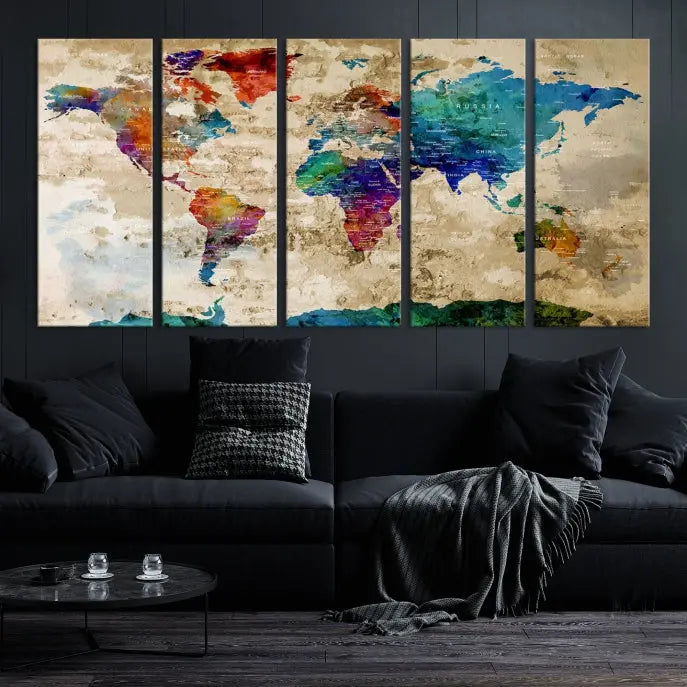 The contemporary living room showcases the "Watercolor Wall Art Push Pin World Map w/ Antarctica Canvas Print" on the wall. This museum-quality canvas is equipped with a UV-protective coating, guaranteeing vibrant colors endure for years, and it's ready to hang for an immediate style enhancement.