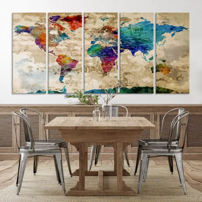 The contemporary living room showcases the "Watercolor Wall Art Push Pin World Map w/ Antarctica Canvas Print" on the wall. This museum-quality canvas is equipped with a UV-protective coating, guaranteeing vibrant colors endure for years, and it's ready to hang for an immediate style enhancement.