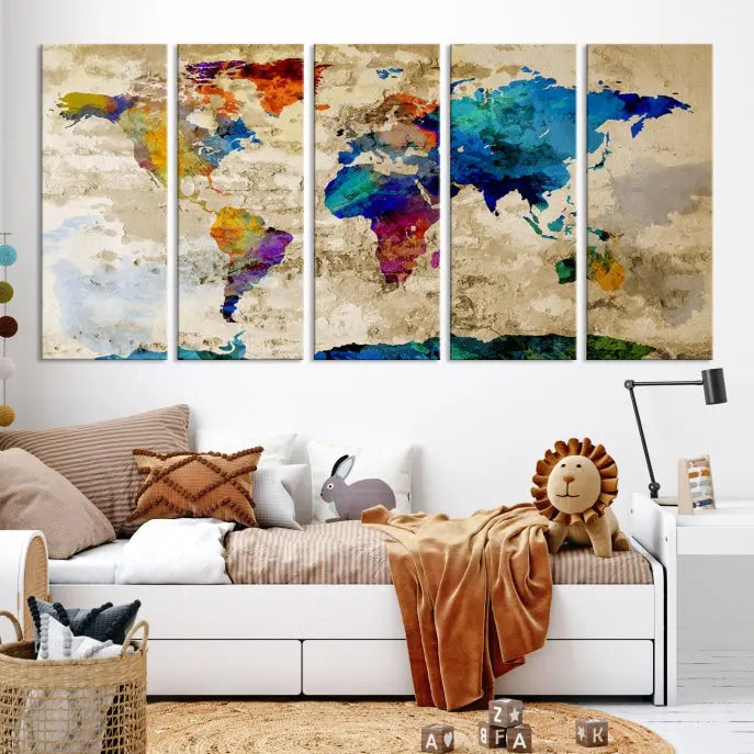 A three-panel "Watercolor Wall Art World Map w/ Antarctica Canvas Print" on museum-quality canvas features vibrant colors and is ready to hang in a dimly lit living room.