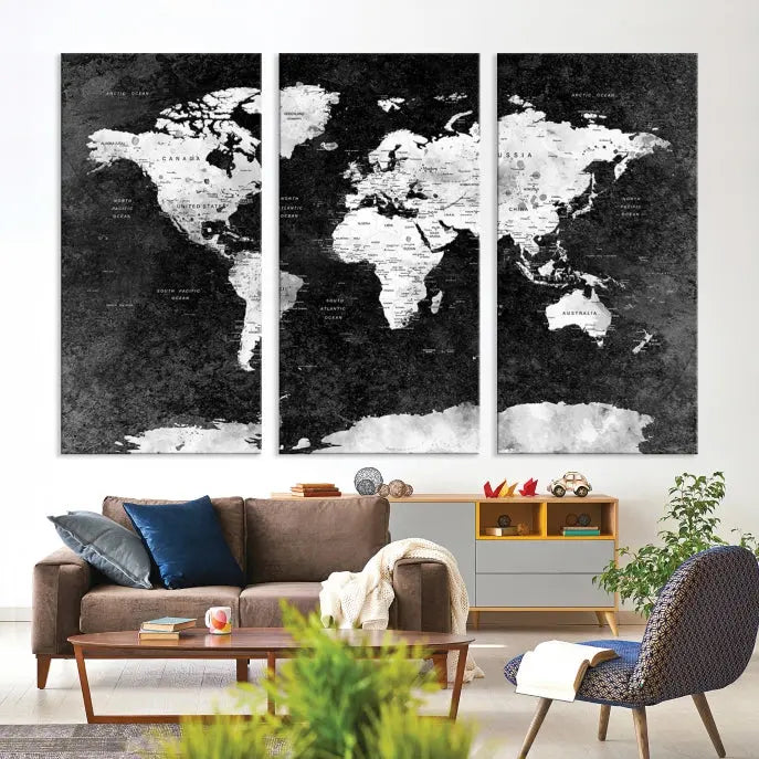 The Push Pin World Map with Antarctica Canvas Wall Art Print, featuring a UV-protective coating, hangs prominently in the room.