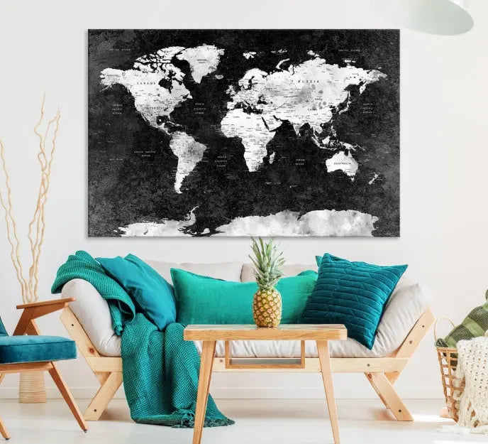 The Push Pin World Map with Antarctica Canvas Wall Art Print, featuring a UV-protective coating, hangs prominently in the room.