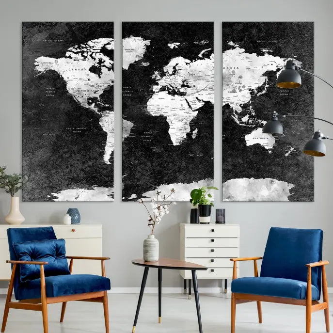 The Push Pin World Map with Antarctica Canvas Wall Art Print, featuring a UV-protective coating, hangs prominently in the room.