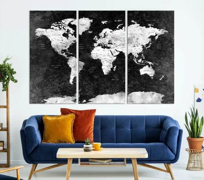 The Push Pin World Map with Antarctica Canvas Wall Art Print, featuring a UV-protective coating, hangs prominently in the room.