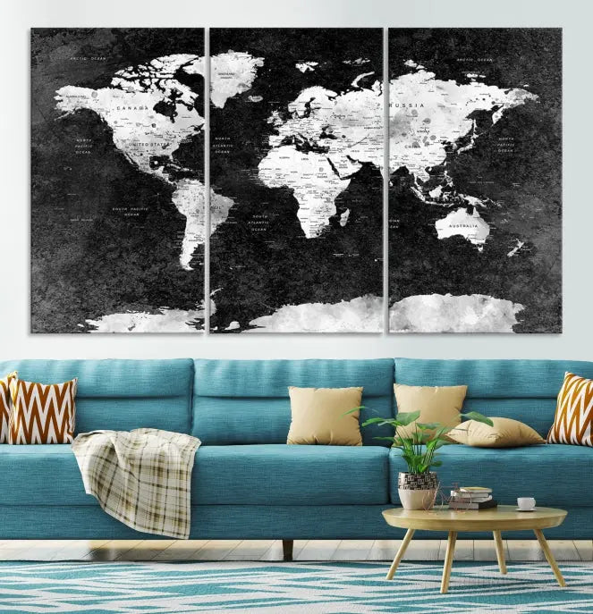 The Push Pin World Map with Antarctica Canvas Wall Art Print, featuring a UV-protective coating, hangs prominently in the room.