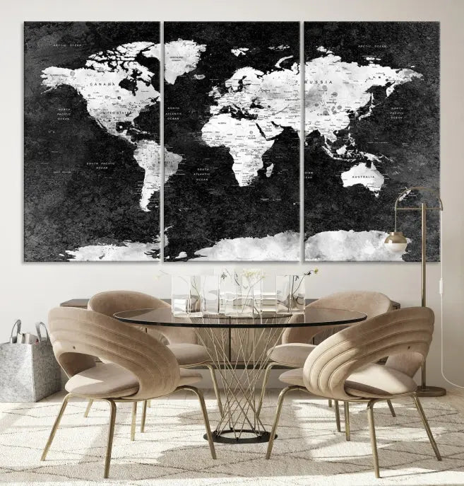 The Push Pin World Map with Antarctica Canvas Wall Art Print, featuring a UV-protective coating, hangs prominently in the room.