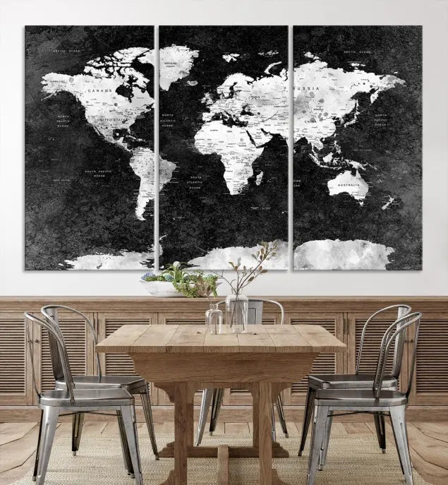 The Push Pin World Map with Antarctica Canvas Wall Art Print, featuring a UV-protective coating, hangs prominently in the room.