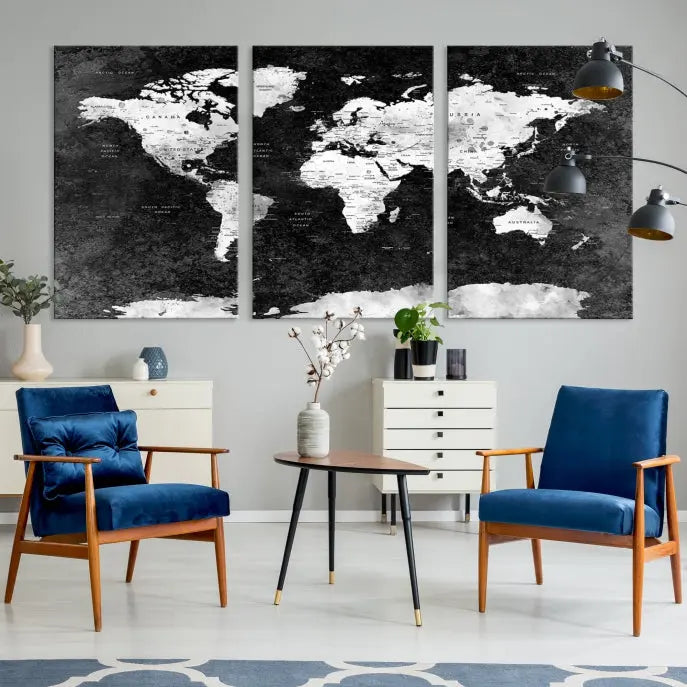 The Push Pin World Map with Antarctica Canvas Wall Art Print, featuring a UV-protective coating, hangs prominently in the room.