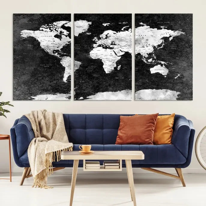 The Push Pin World Map with Antarctica Canvas Wall Art Print, featuring a UV-protective coating, hangs prominently in the room.