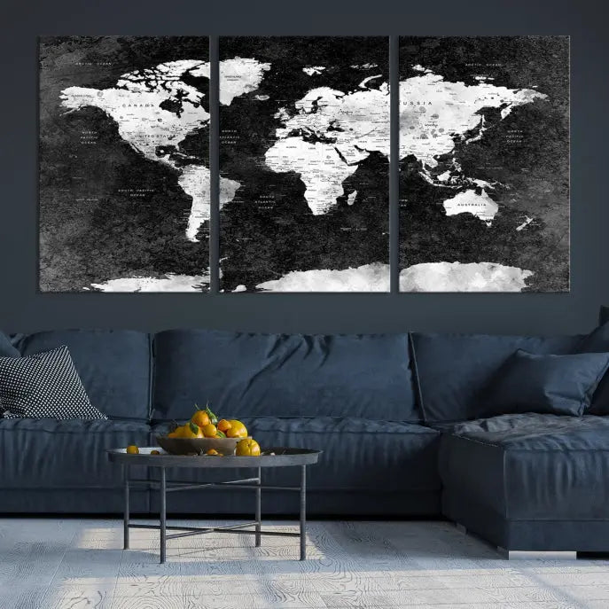 The Push Pin World Map with Antarctica Canvas Wall Art Print, featuring a UV-protective coating, hangs prominently in the room.