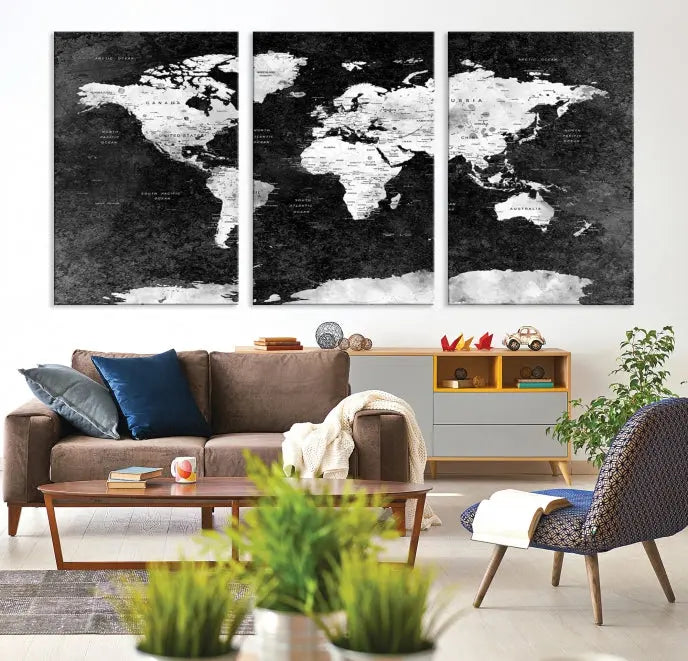 The Push Pin World Map with Antarctica Canvas Wall Art Print, featuring a UV-protective coating, hangs prominently in the room.