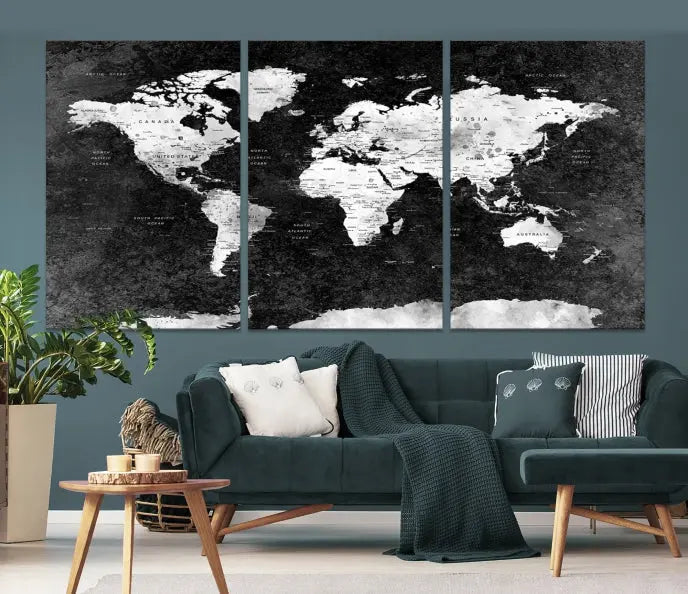 The Push Pin World Map with Antarctica Canvas Wall Art Print, featuring a UV-protective coating, hangs prominently in the room.