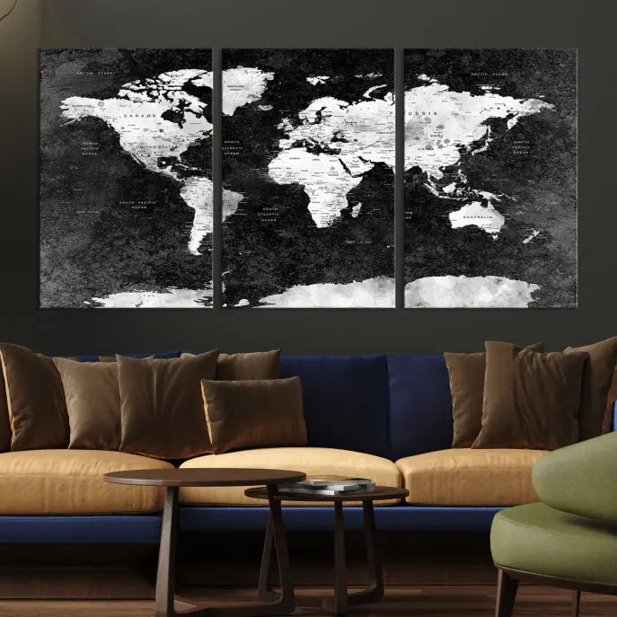 The Push Pin World Map with Antarctica Canvas Wall Art Print, featuring a UV-protective coating, hangs prominently in the room.