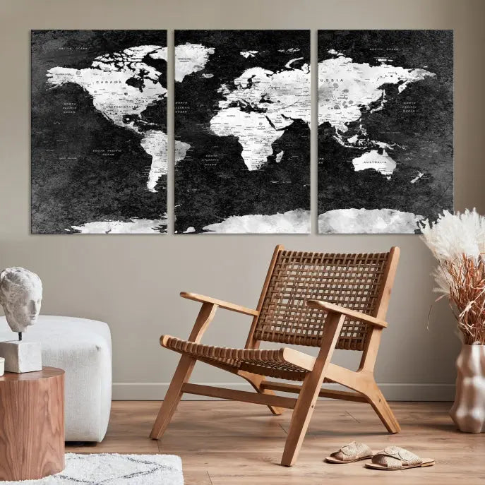 The Push Pin World Map with Antarctica Canvas Wall Art Print, featuring a UV-protective coating, hangs prominently in the room.