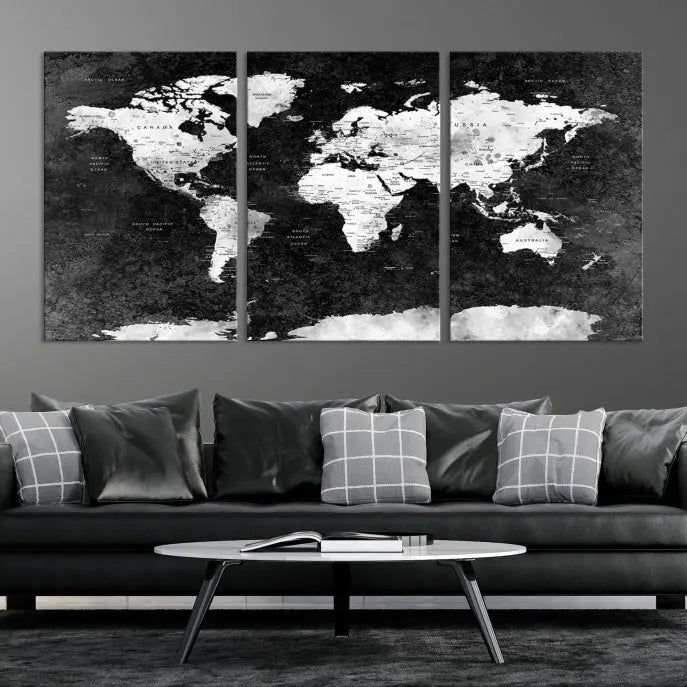 The Push Pin World Map with Antarctica Canvas Wall Art Print, featuring a UV-protective coating, hangs prominently in the room.