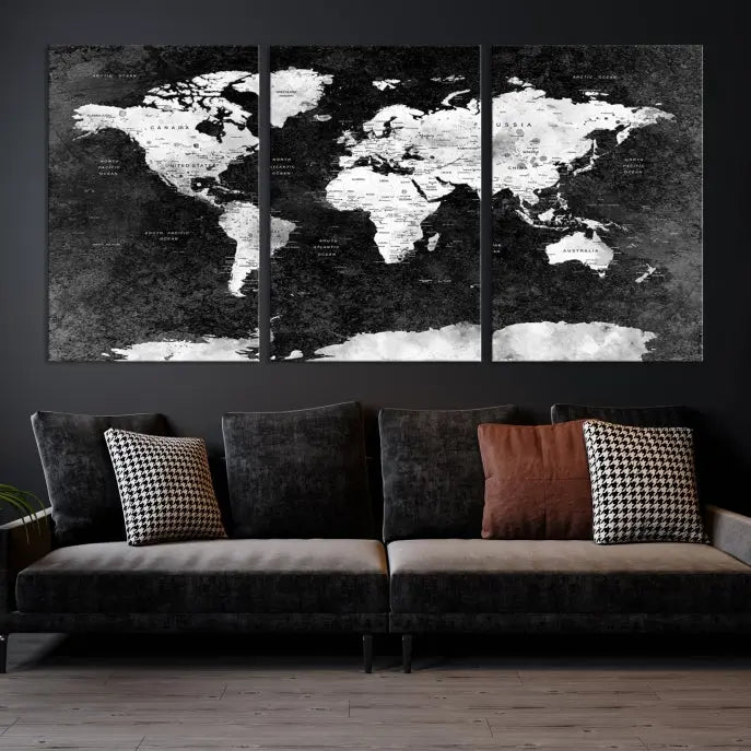 The Push Pin World Map with Antarctica Canvas Wall Art Print, featuring a UV-protective coating, hangs prominently in the room.