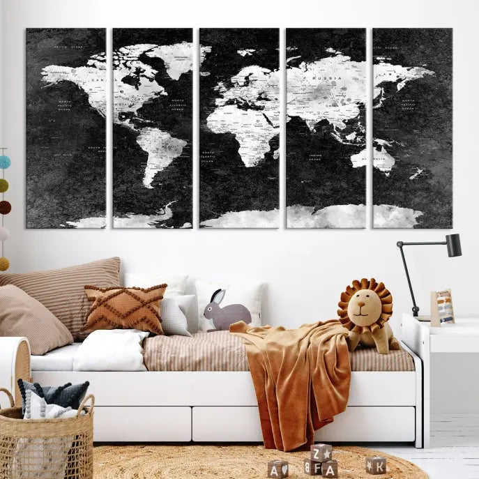 The Push Pin World Map with Antarctica Canvas Wall Art Print, featuring a UV-protective coating, hangs prominently in the room.